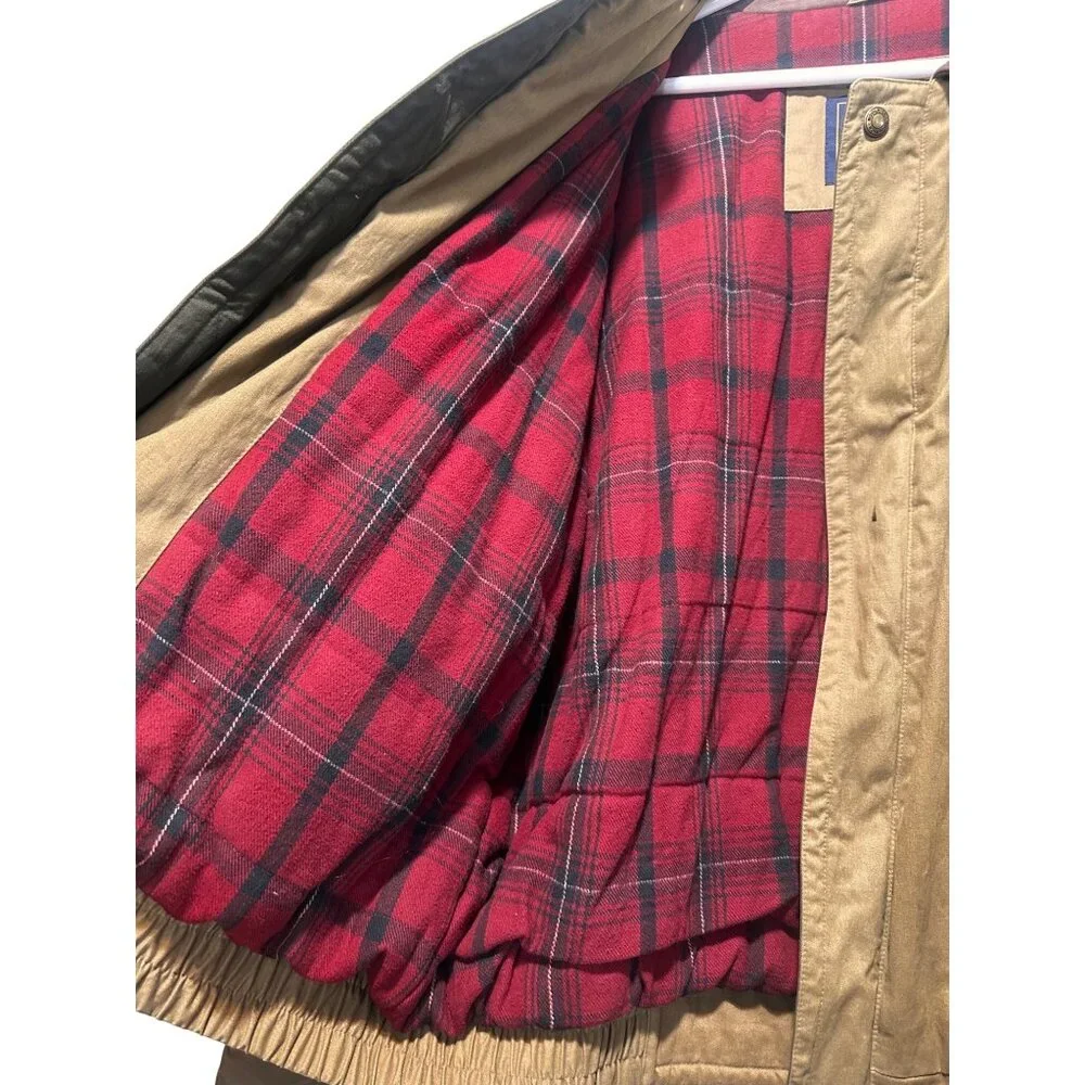Woolrich Bomber Barn Coat Mens XXL Tan Flannel Plaid Lined Wool Chores Collared